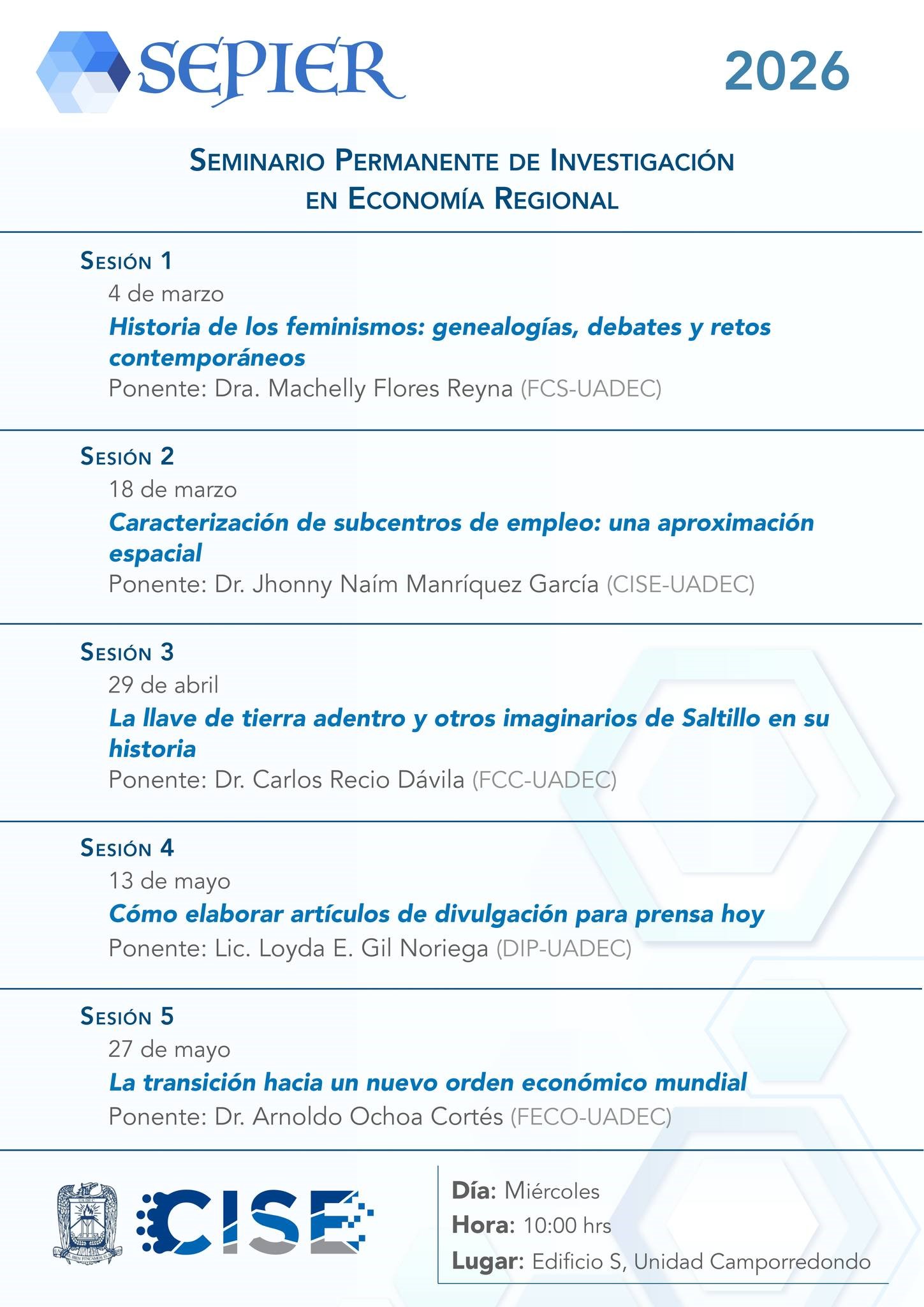 Invita CISE de la UAdeC a Participar en el Seminario Permanente de Investigación sobre Economía Regional (SEPIER)